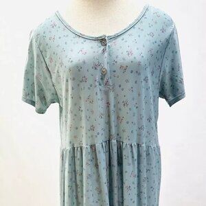 FOXCLUB Women Short Sleeve Pullover Casual Blue Floral Print Long Dress Medium